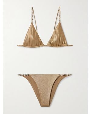 SARA CRISTINA Cowries Embellished Metallic Triangle Bikini - Natural