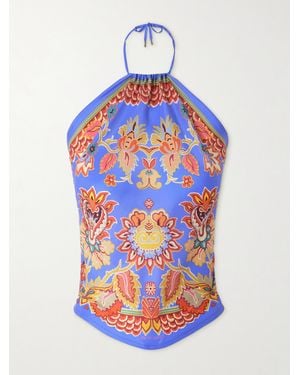 Etro Cropped Printed Silk-Satin Top - Blue