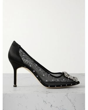Manolo Blahnik Hangisi 90 Pumps Aus Beflocktem Mesh Mit Satinbesätzen Und Kristallen - Schwarz
