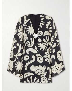Cala De La Cruz Vera Embellished Cutout Printed Linen Mini Dress - Black