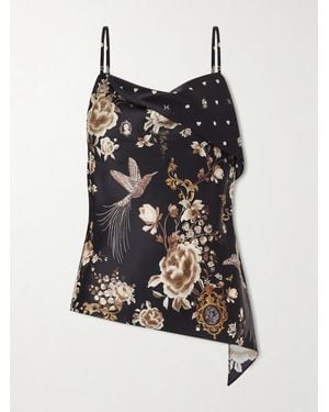 CAMILLA Asymmetric Draped Embellished Embroidered Printed Silk-Satin Top - Black