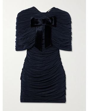 ShuShu/Tong Bow-Embellished Velvet-Trimmed Gathered Jersey Mini Dress - Blue