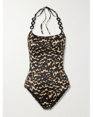 STAUD Laird Embellished Printed Halterneck Swimsuit - White