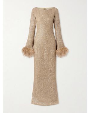 Clio Peppiatt Mae Feather-Trimmed Embellished Beaded Tulle Gown - Natural