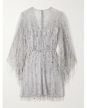 Jenny Packham Oberon Ammonite Embellished Fringed Organza Mini Dress - Grey
