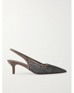 Brunello Cucinelli 55 Embellished Suede-Trimmed Mesh Slingback Court Shoes - Brown