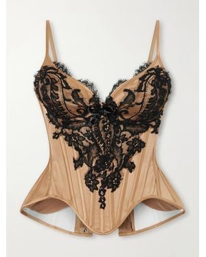 Wiederhoeft Embellished Lace-Trimmed Silk-Satin Bustier Top - Brown
