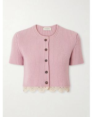 Magda Butrym Verkürzter Cardigan Aus Geripptem Kaschmir Mit Häkelbesatz - Pink