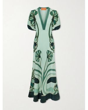La DoubleJ Marlene Satin-Trimmed Printed Silk-Crepe Midi Dress - Green