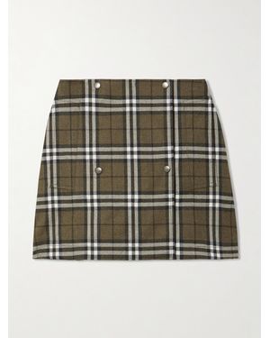 Burberry Button-Embellished Checked Wool-Twill Mini Skirt - Green