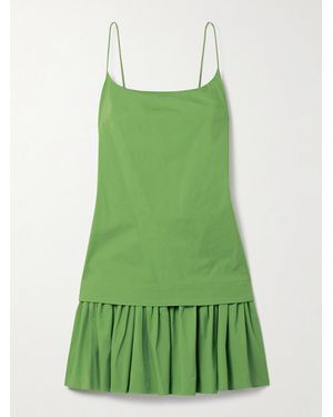 STAUD Ari Gathered Cotton-Blend Poplin Mini Dress - Green