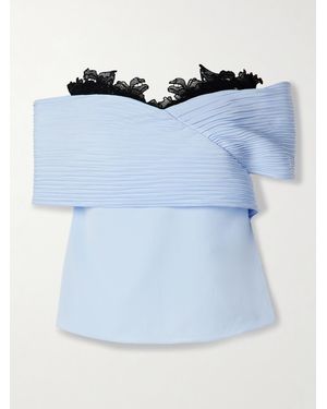 Kika Vargas Penelope Off-The-Shoulder Guipure Lace-Trimmed Plissé-Crepe De Chine Top - Blue