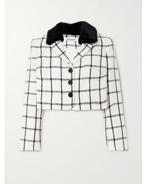 Self-Portrait Cropped Faux Fur-Trimmed Checked Tweed Jacket - Black