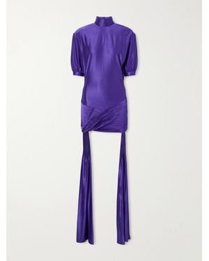 Rabanne Sash-Detailed Gathered Pleated Stretch-Satin Mini Dress - Purple