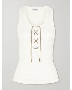 Burberry Lace-Up Embroidered Ribbed Stretch-Cotton Jersey Tank - Natural