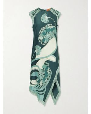 La DoubleJ Fringed Printed Silk-Satin Midi Dress - Green