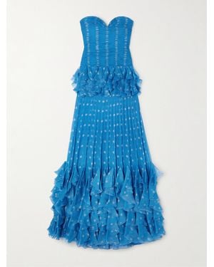 Valentino Garavani Strapless Pleated Ruffled Polka-Dot Silk-Chiffon Gown - Blue