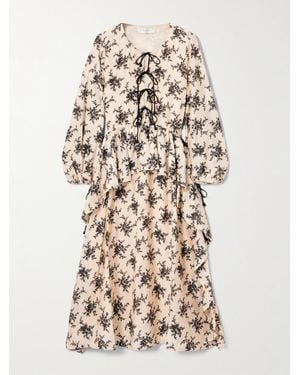 Sea Joan Tie-Detailed Ruffled Floral-Print Voile Midi Dress - Natural