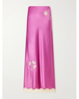 Anna Sui Lace-Trimmed Embroidered Satin Maxi Skirt - Pink