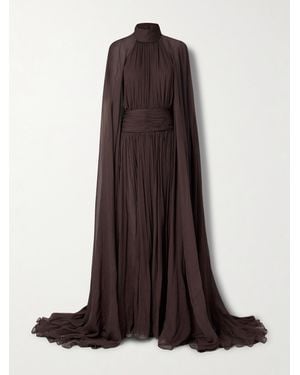 Oscar de la Renta Embellished Cape-Effect Gathered Silk-Crepon Gown - Brown