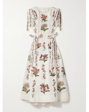 Agua Bendita Guanguacó Orquidea Cutout Embroidered Linen Midi Dress - Natural