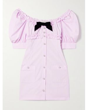 Alessandra Rich Velvet-Trimmed Ruffled Cotton-Poplin Mini Dress - Pink