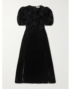 Sea Alice Embroidered Lace-Trimmed Velvet Midi Dress - Black