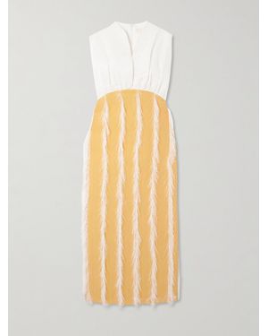 D'Estree Paz Faux Feather-Trimmed Pleated Cotton-Blend Twill Midi Dress - White