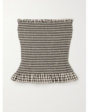 Molly Goddard Kim Shirred Ruffled Gingham Cotton Strapless Top - Black