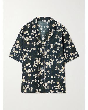 Eres Romance Je T'Aime Piped Floral-Print Silk Pyjama Top - Black