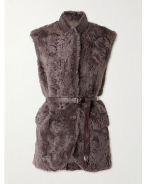 Brunello Cucinelli Leather-Trimmed Belted Plush Fabric Gilet - Brown
