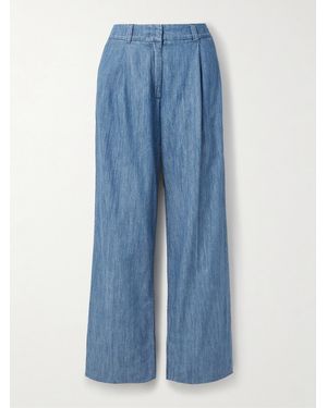 Another Tomorrow Pleated Organic Cotton-Chambray Wide-Leg Trousers - Blue