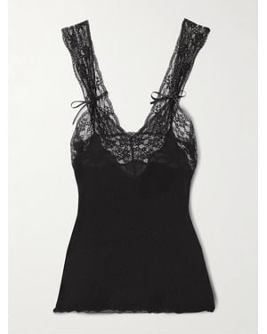 Saint Laurent Lace-Trimmed Ribbed Silk Tank - Black