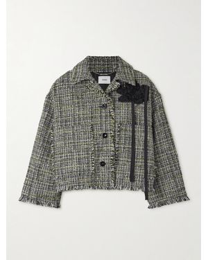 Erdem Cropped Appliquéd Frayed Tweed Jacket - Grey
