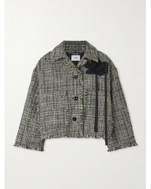 Erdem Verkürzte Jacke Aus Tweed Mit Fransen Und Applikation - Grau