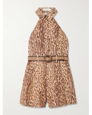 Zimmermann Cascadian Belted Pleated Leopard-Print Linen Playsuit - Natural
