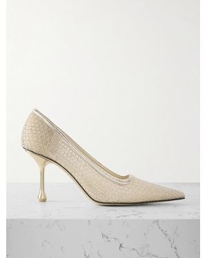 Jimmy Choo Ixia 80 Mirrored Leather-Trimmed Crystal-Embellished Mesh Pumps - White
