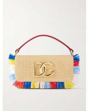 Dolce & Gabbana 3.5 Logo-Embellished Fringed Leather-Trimmed Raffia Shoulder Bag - Blue
