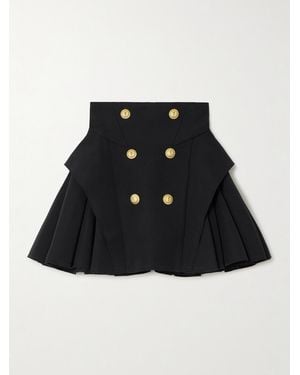 Balmain Button-Embellished Pleated Grain De Poudre Wool Mini Skirt - Black