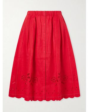 Vita Kin Broderie Anglaise-Trimmed Linen Midi Skirt - Red