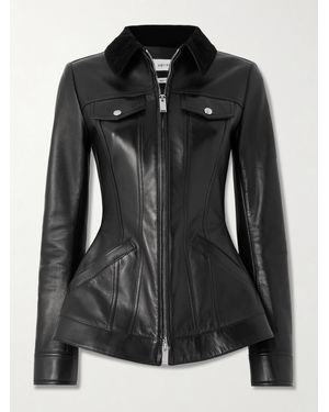 McQueen Lederjacke Mit Schößchen Und Cordbesatz - Schwarz