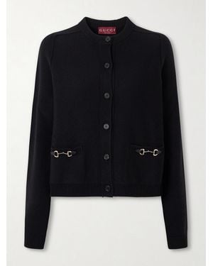 Gucci Horsebit-Embellished Leather-Trimmed Wool And Cashmere-Blend Cardigan - Blue