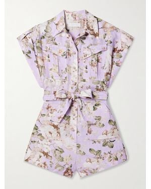Zimmermann Acacia Belted Floral-Print Linen Playsuit - Purple