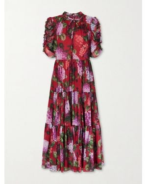Carolina Herrera Tie-Detailed Ruffled Tiered Floral-Print Silk-Chiffon Midi Dress