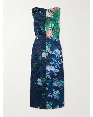 Erdem Frayed Floral-Print Crinkled-Satin Midi Dress - Blue