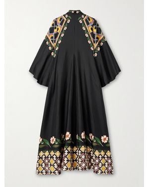La DoubleJ Magnifico Tie-Neck Printed Silk-Twill Maxi Dress - Black