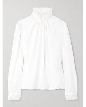 McQueen Ruffled Lace-Trimmed Silk Crepe De Chine Blouse - White