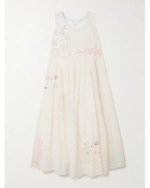 Eka Citrine Embroidered Printed Cotton And Silk-Blend Voile Midi Dress - Natural