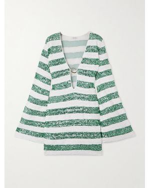 Oséree Candy Paillettes O Embellished Striped Mesh Kaftan - Green