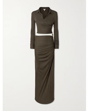 Bottega Veneta Embellished Cutout Ruched Stretch-Jersey Maxi Dress - Brown
